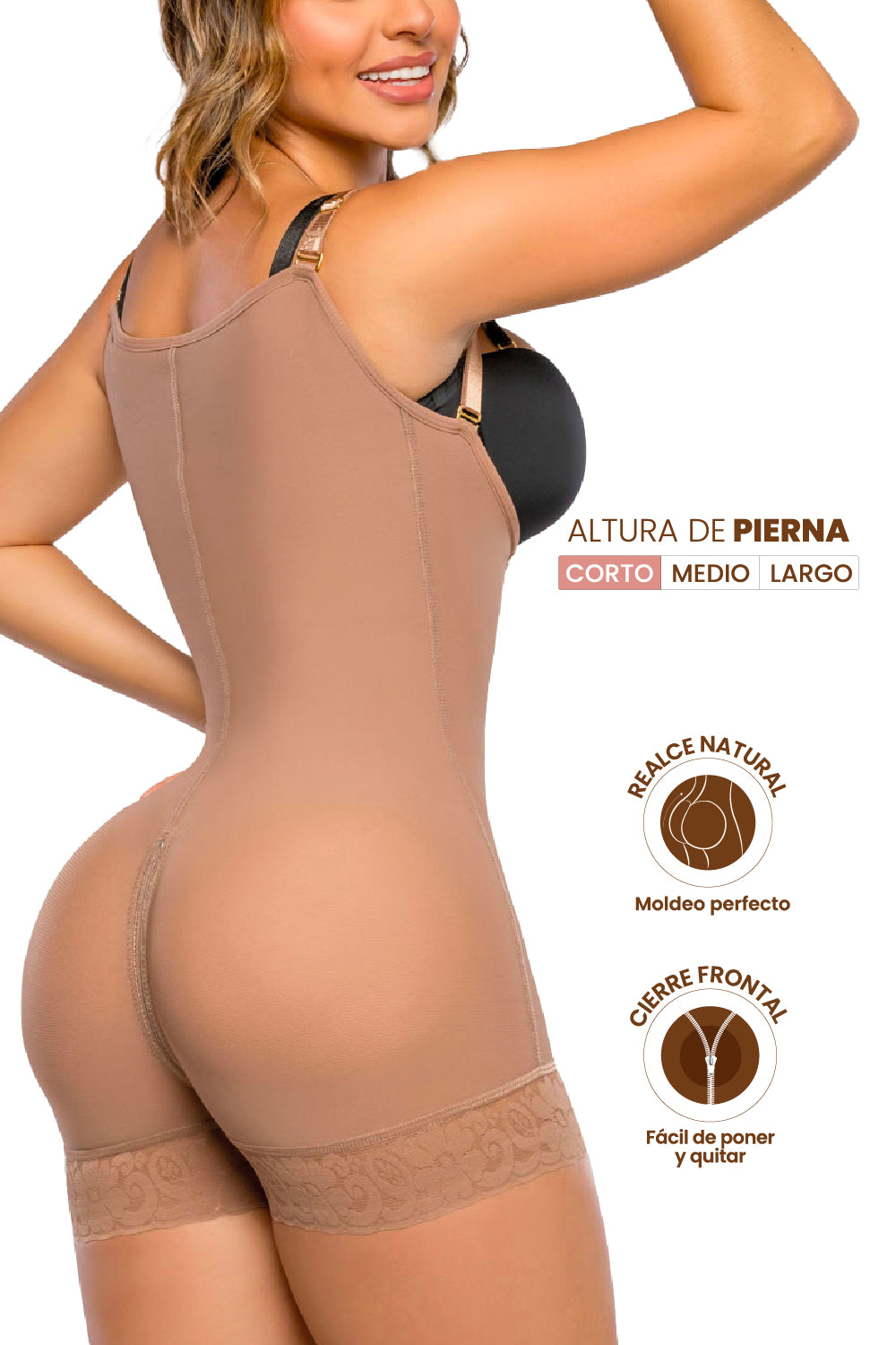 - Faja corta SMI7086 LA PROVOCATIVA con cierre frontal y realce natural
- Vista posterior de faja SMI7086 con encaje siliconado y soporte lateral
- Detalle del sistema de broches y panty Ultrainvisible incluido en SMI7086