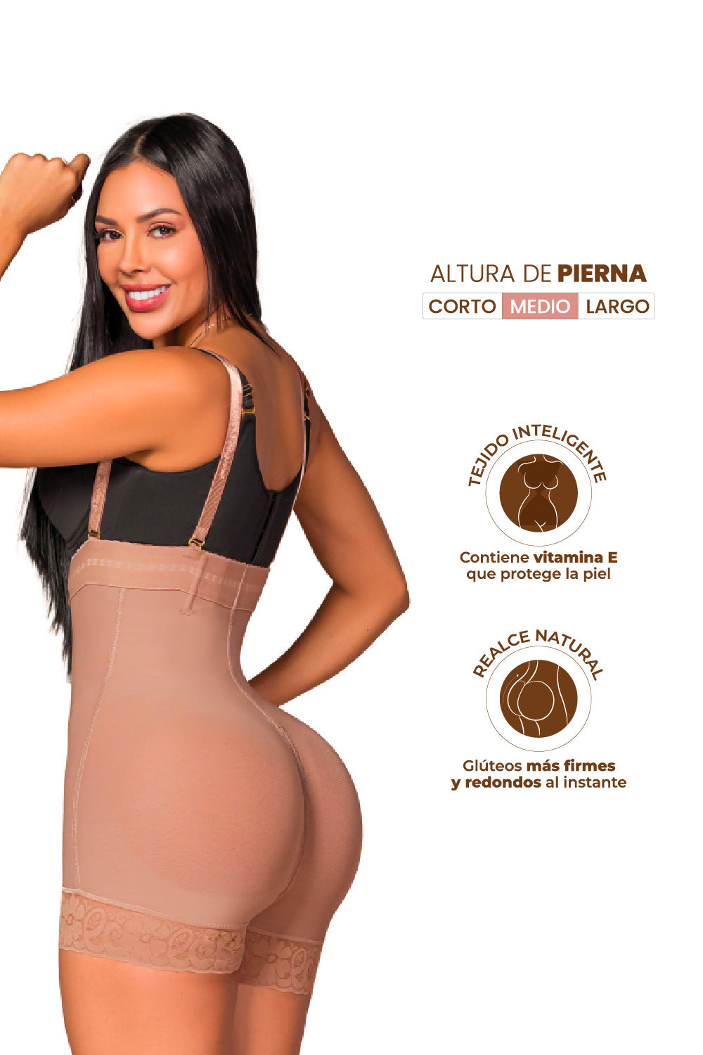 - Faja Ultrainvisible SMI7151 strapless con cierre frontal y soporte lateral
- Vista posterior de la faja SMI7151 con realce natural de glúteos
- Detalle de cierre perineal y tanga Ultrainvisible incluida SMI7151