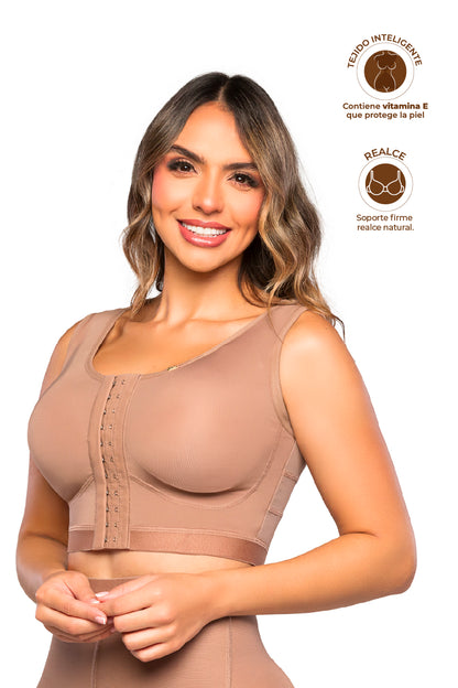 - Brasier postquirúrgico SMI03035 con broches múltiples
- Vista trasera de bra moldeador con cobertura alta
- Diseño sin costuras con soporte completo para busto y espalda