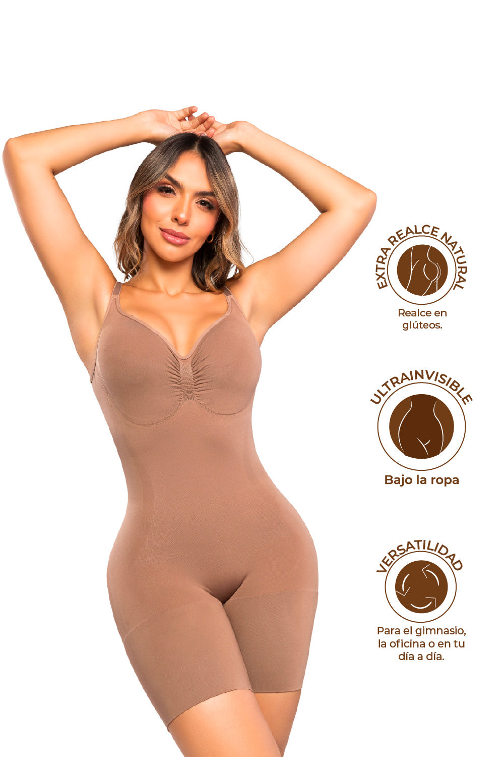 - Body faja invisible SMI7148 con tirantes ajustables
- Vista lateral mostrando compresión en abdomen y muslos
- Diseño de espalda escotada para escotes profundos