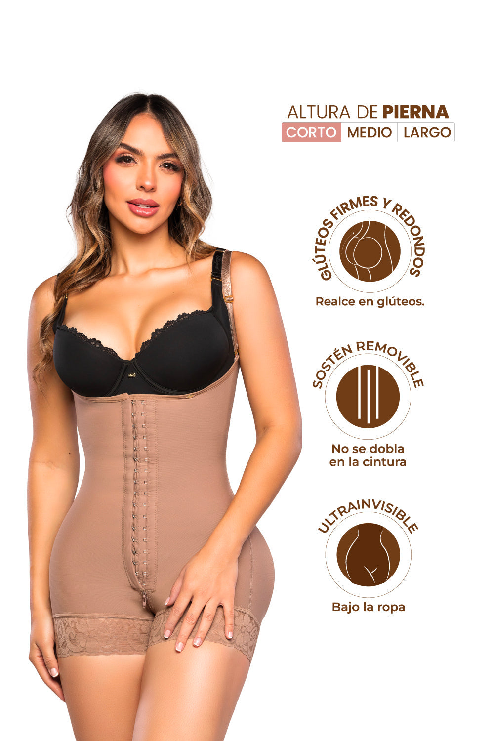 - Faja SMI7167 corta con efecto lifting y encaje siliconado
- Vista frontal con tres niveles de abrochadura
- Diseño posterior invisible con panty de regalo incluido