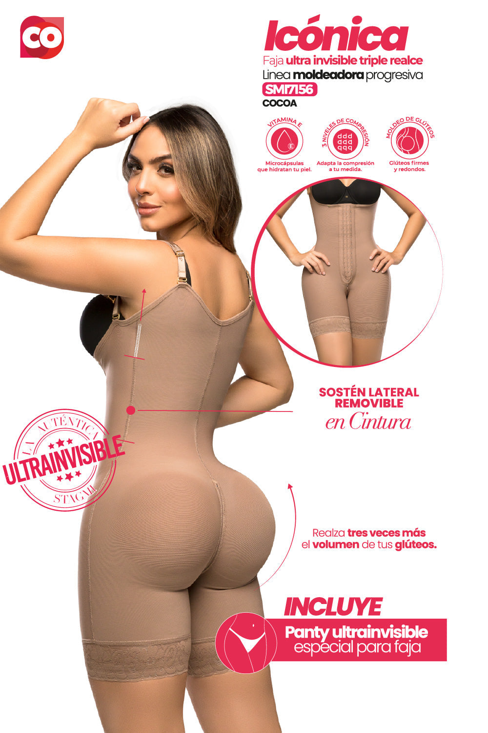 - Faja SMI7156 ICÓNICA media pierna con efecto lifting y soporte removible
- Detalle de tirantes graduables y triple abrochadura en la faja ICÓNICA
- Vista posterior de compresión progresiva y panty Ultrainvisible incluido