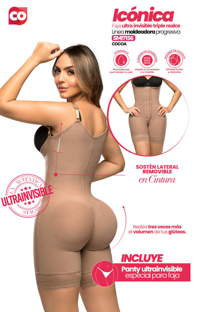 - Faja SMI7156 ICÓNICA media pierna con efecto lifting y soporte removible
- Detalle de tirantes graduables y triple abrochadura en la faja ICÓNICA
- Vista posterior de compresión progresiva y panty Ultrainvisible incluido