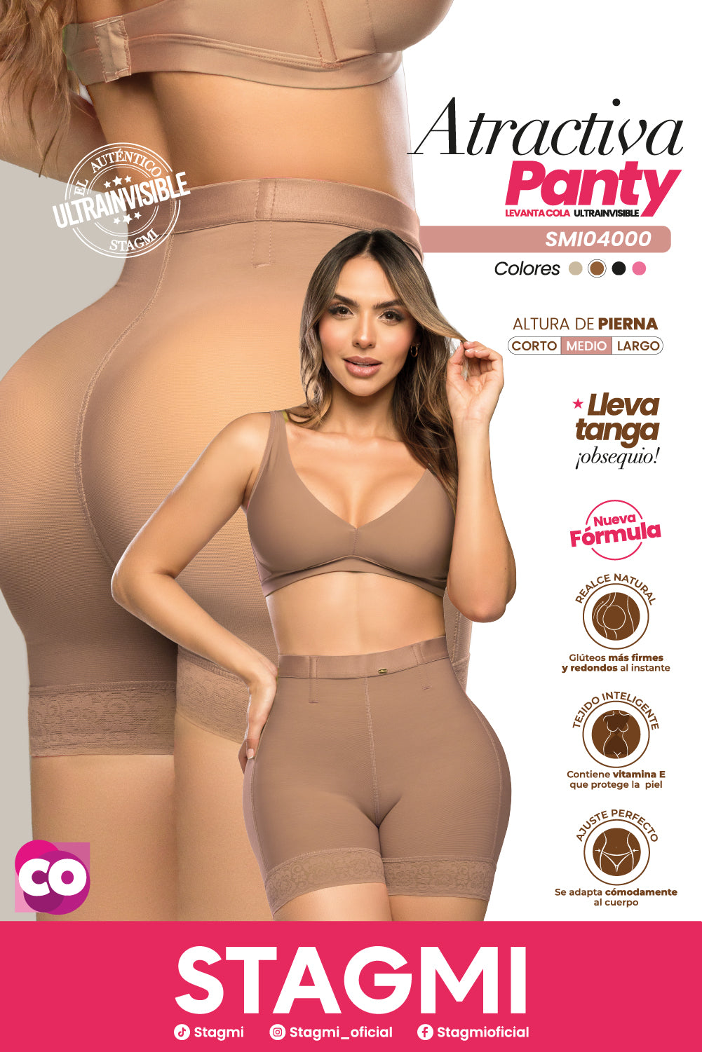 - Panty Ultrainvisible SMI4000 ATRACTIVA con encaje y control abdominal
- Vista posterior de panty moldeador con realce natural y efecto redondeado
- Detalle de encaje funcional y ajuste invisible del SMI4000