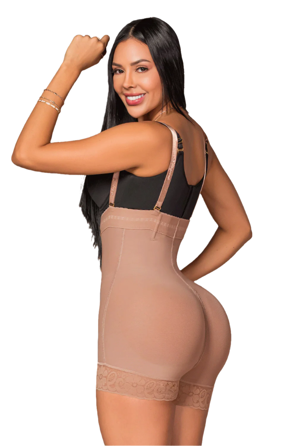 - Faja SMI7137 corta strapless con efecto lifting y 3 niveles de ajuste
- Detalle del soporte lateral y broches progresivos de la faja SMI7137
- Vista posterior con diseño Ultrainvisible y panty de regalo incluido
