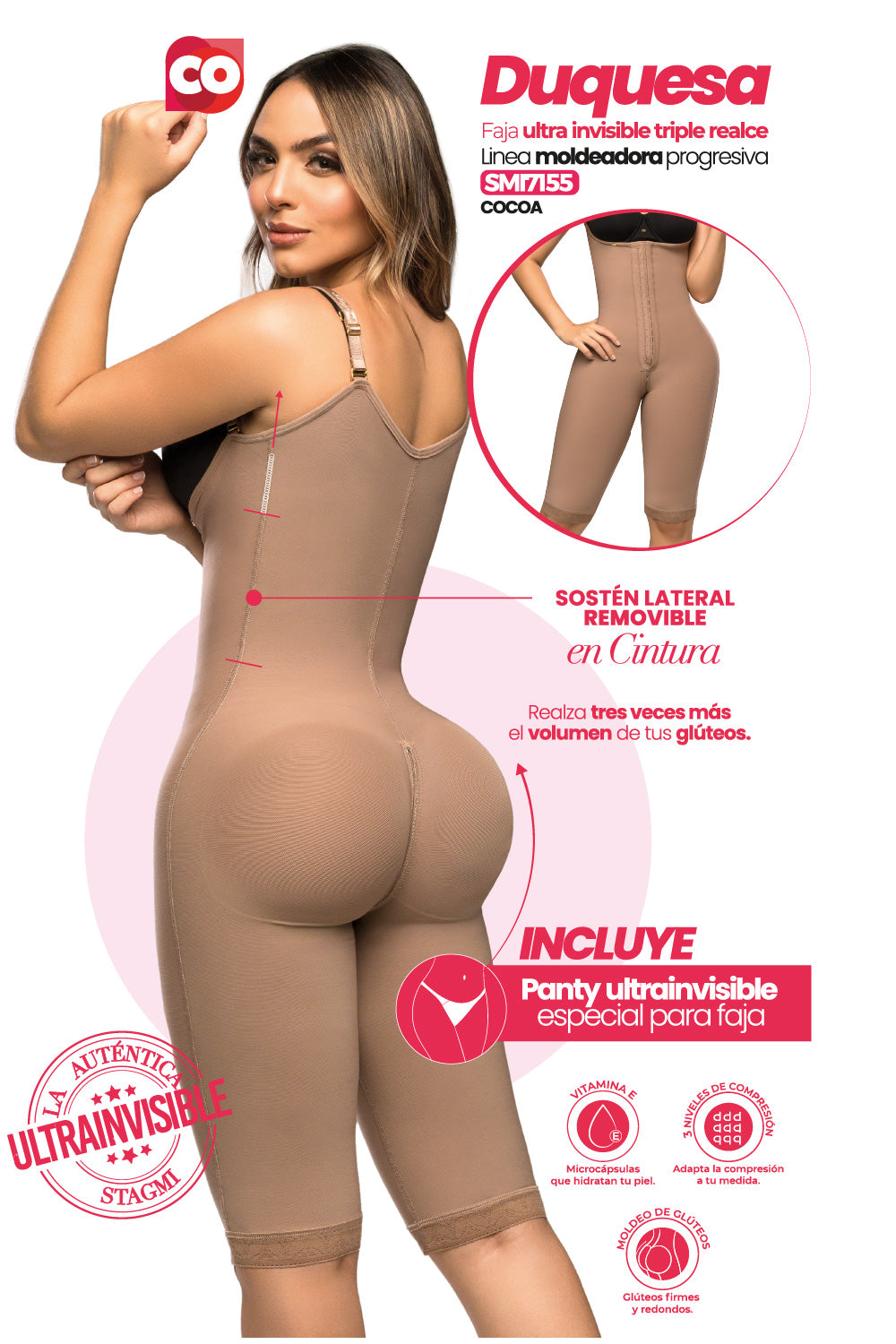 - Faja SMI7155 DUQUESA con triple lifting y soporte lateral removible
- Vista lateral y posterior de la faja hasta la rodilla con tirantes ajustables
- Detalle del diseño sin costuras y panty incluido en la SMI7155