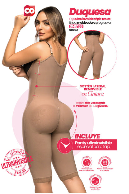 - Faja SMI7155 DUQUESA con triple lifting y soporte lateral removible
- Vista lateral y posterior de la faja hasta la rodilla con tirantes ajustables
- Detalle del diseño sin costuras y panty incluido en la SMI7155
